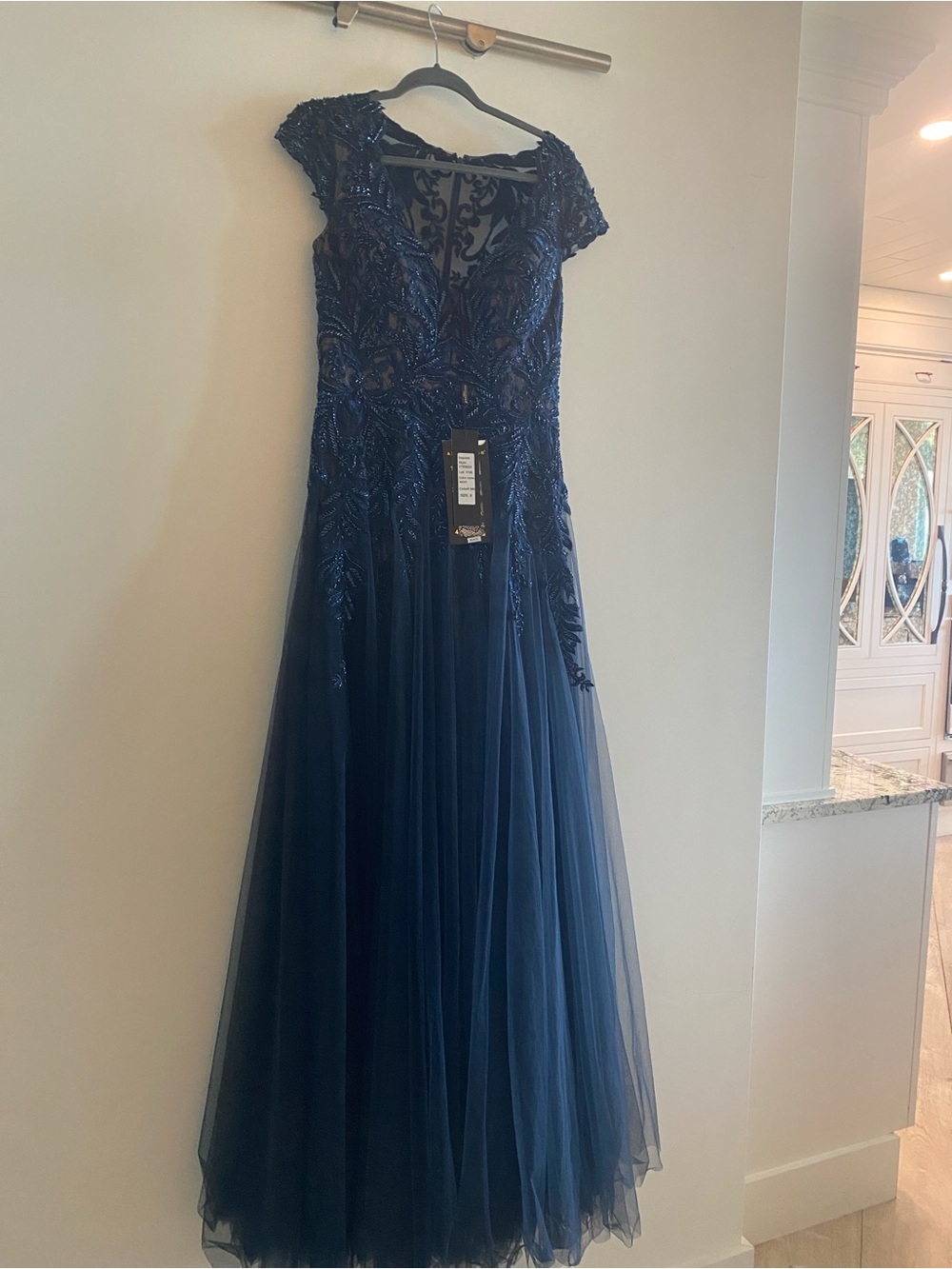 Navy Beaded Cap-Sleeve Tulle Wedding Gown